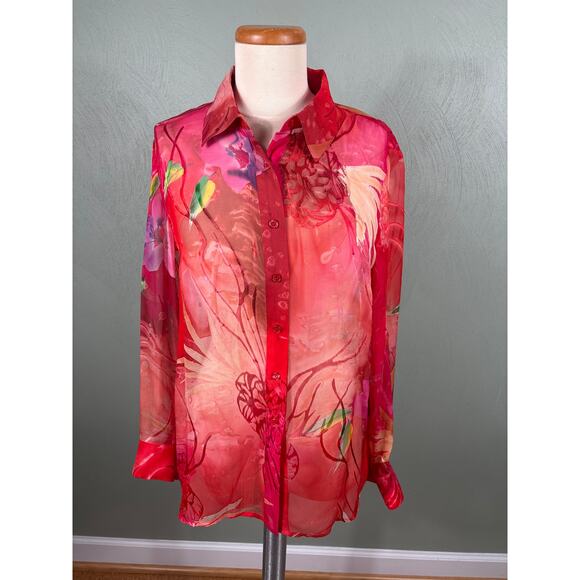 Chico's Women's Size 1 Medium Red Semi Sheer Silk Blend Long Sleeve Tops Blouse - Picture 10 of 11